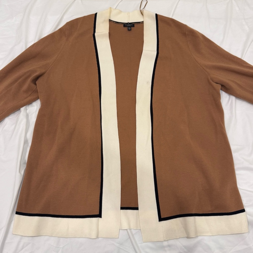 Talbots Open Front Cardigan 2XP Plus Petite Brown White Colorblock Cotton Rayon - Picture 3 of 9